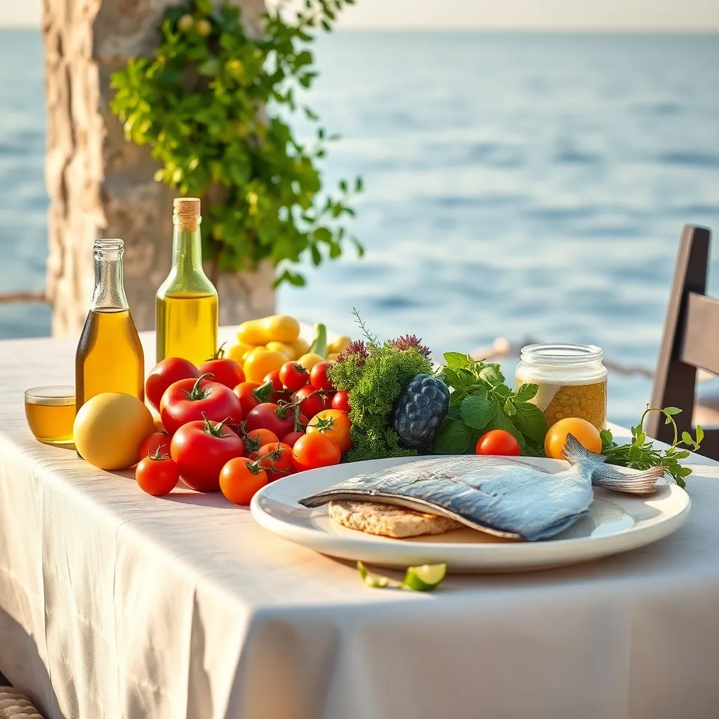 Mediterranean coastal table with fresh produce and olive oil — Life in Balance MD